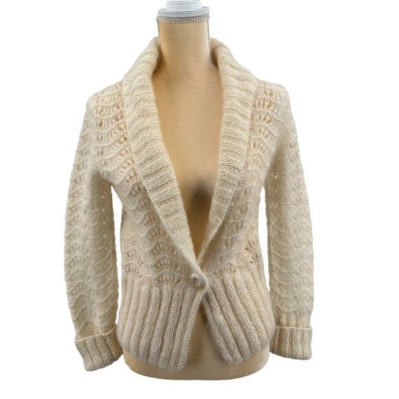 H&M Light Cream Lacey Pattern Cardigan Hand Knitted Acrylic, Mohair, Wool Size S - Picture 3 of 13